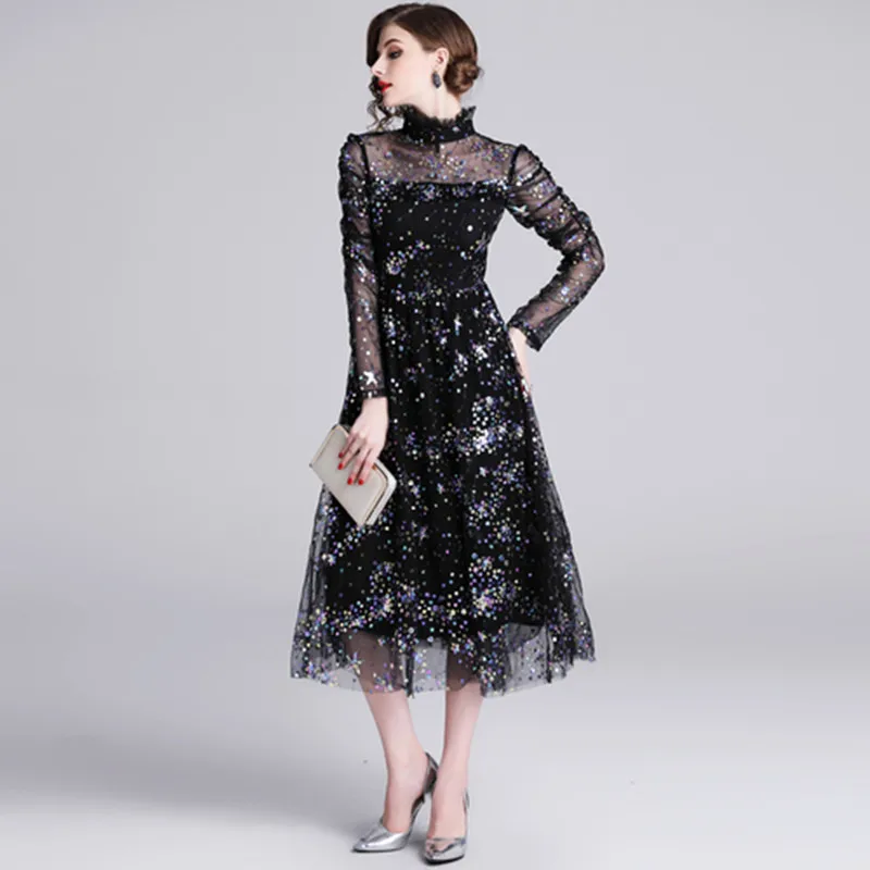 

Summer Mesh Dress Work Casual Slim Fashion O-neck Sexy Hollow Out Embroidery Dresses Women A-line Vintage Vestidos