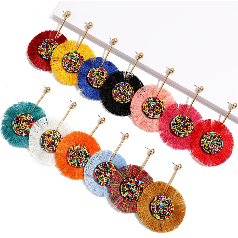 

Guvivi Mix Colors Bohemian Dangle Drop Earrings For Women Handmade Round Tassel Pendientes Earring Wedding Engagement Jewelry
