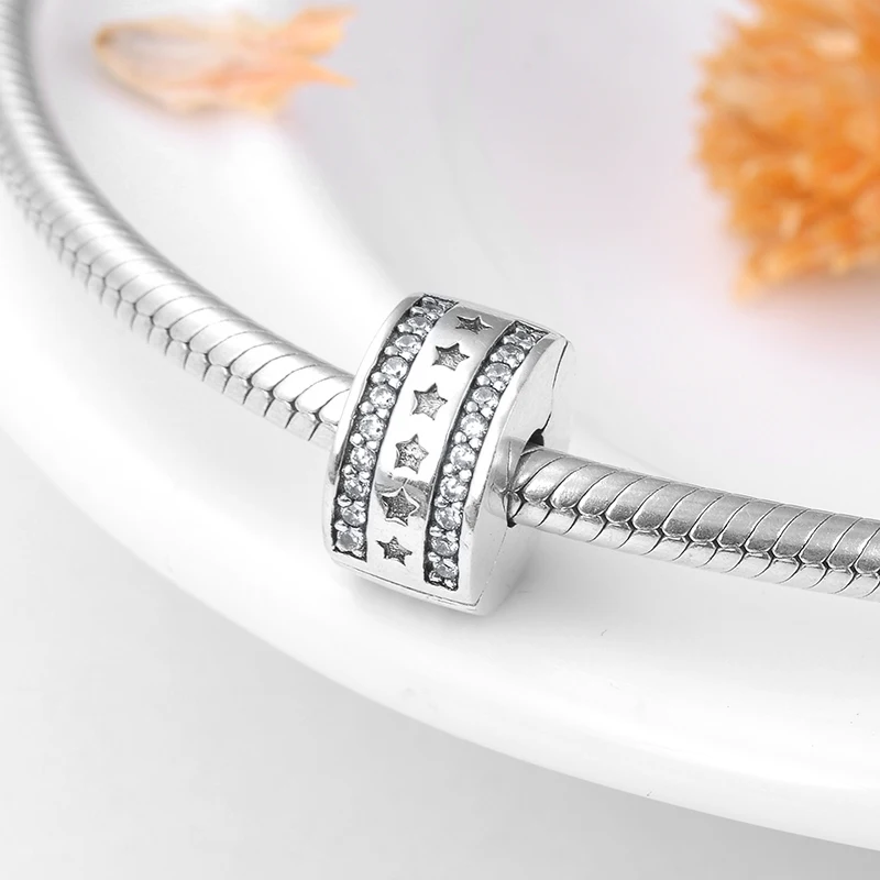 Новинка 925 стерлингового серебра модные сверкающие CZ звезды бусы-клипсы подходят Pandora браслет ювелирных изделий