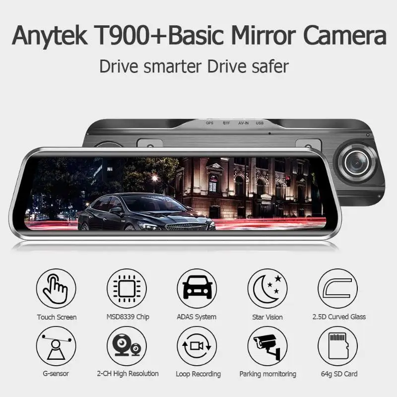 Anytek T900+ 9,66 дюймов Сенсорное Автомобильное зеркало заднего вида DVR камера 1080p+ 1080p ADAS WDR камера для приборной панели рекордер вождения