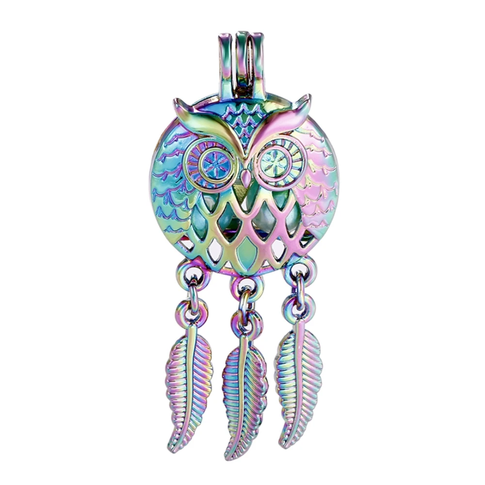 

5pcs Rainbow Color Wise Owl Dreamcatcher Pearl Bead Cage Essential Oil Diffuser Locket Pendant Jewelry Making for Oyster Pearl