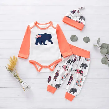 

Baby Girl Boy Cartoon Long Sleeve Bear Print Romper Bodysuit+Pants+Hat Sets Newborn Toddler Infant 2019 Autumn Fashion Outfits
