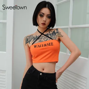 

Sweetown Orange Criss-Cross Bandage Crop Top Women Sexy Backless Print Tank Top Clubwear Summer Cropped Feminino Tops Streetwear