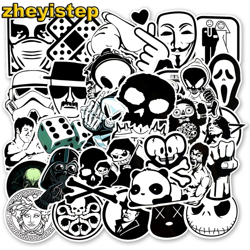 

50 Pcs Black and White Sticker for Laptop Phone Suitcase Guitar Skateboard Motorcycle Bicycle Graffiti PVC Waterproof Stickers