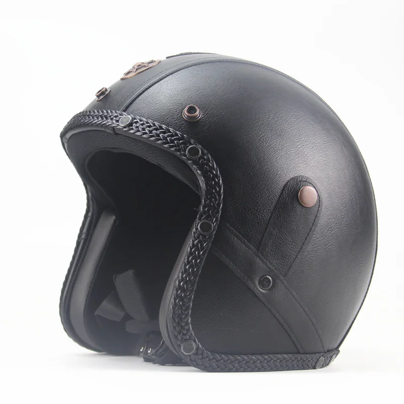 3/4 шлем из искусственной кожи шлемы мотоцикл чоппер велосипед с открытым лицом винтажный мотоциклетный шлем с goggle - Цвет: Black leather BZ