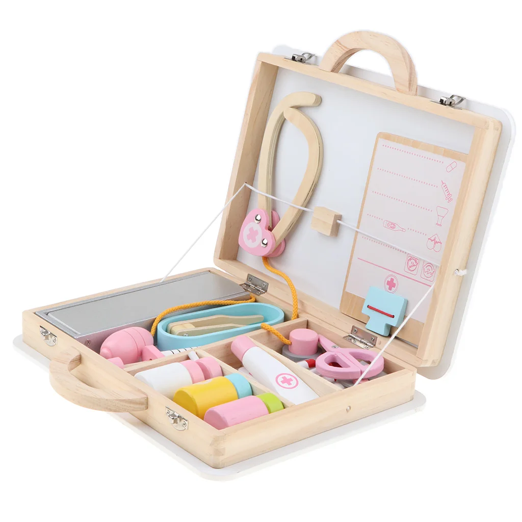 Wooden Medical Kits Toddler Role Play Doctor's Playing Set and Accessory Set (15 Pieces), with Carry Case, Pre-kindergarten Toy