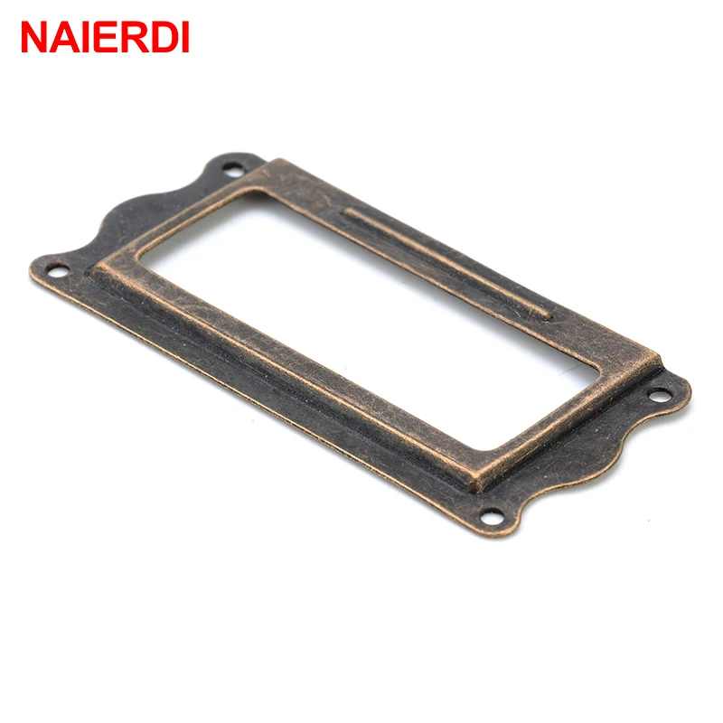 10pcs NAIERDI Antique Brass Handle 64*32mm Label Pull Frame Name Card Holder Cabinet Drawer Box Case Knob For Furniture Hardware