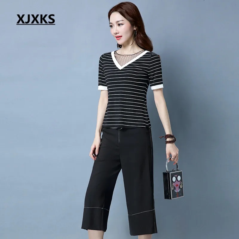 XJXKS Senhoras Verão Define Reseau Nova Venda de Alta Qualidade Bezerro Comprimento Calças Um Cores Zíper de Metal Voar Conjunto Listrado 8888