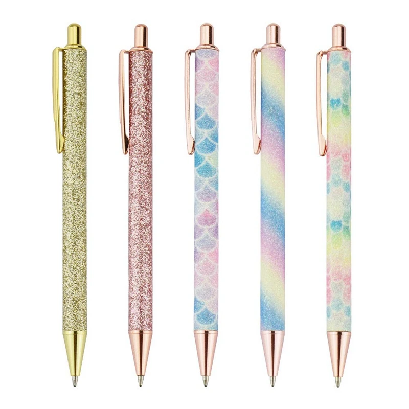 Горячие шариковые ручки, 5 шт выдвижные черные чернила для ручки средней точки (1,0 мм) щелчок шариковые ручки розовое золото офисные