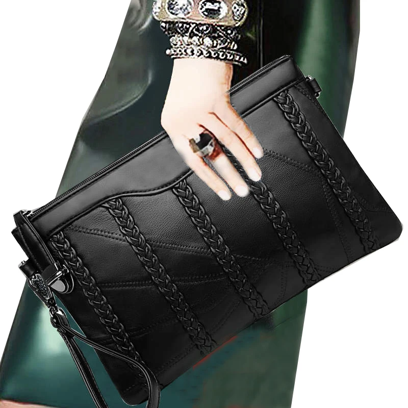 Splicing lambskin clutch bag Sheepskin Leather Women woven envelope bag