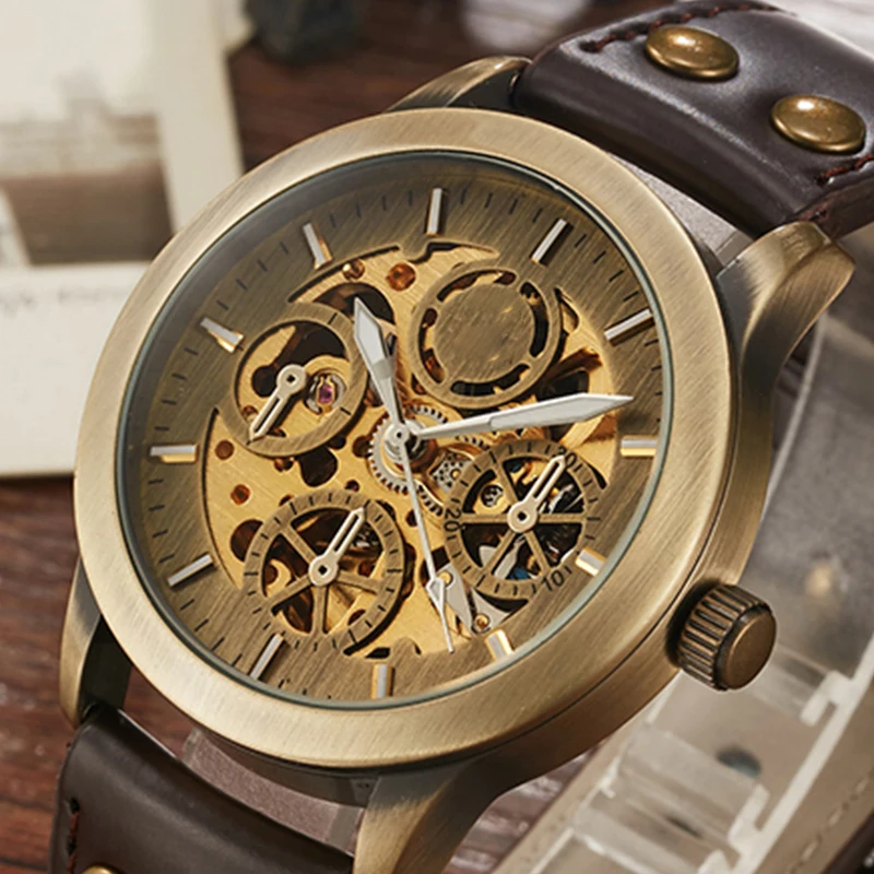 

Vintage Bronze Automatic Mechanical Watch Men Sport Casual Skeleton Watch Mechanical Wrist Watch Leather Strap Full Steel Gifts
