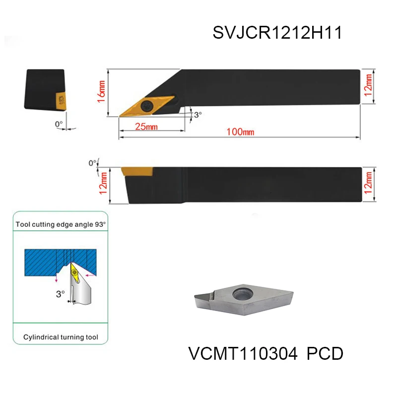 

SVJCR1212H11 Turning Holder and VCMT110304 PCD Turning Insert 1pcs Edged Diamond Blade CNC Indexable Turning Cutter Tool Set