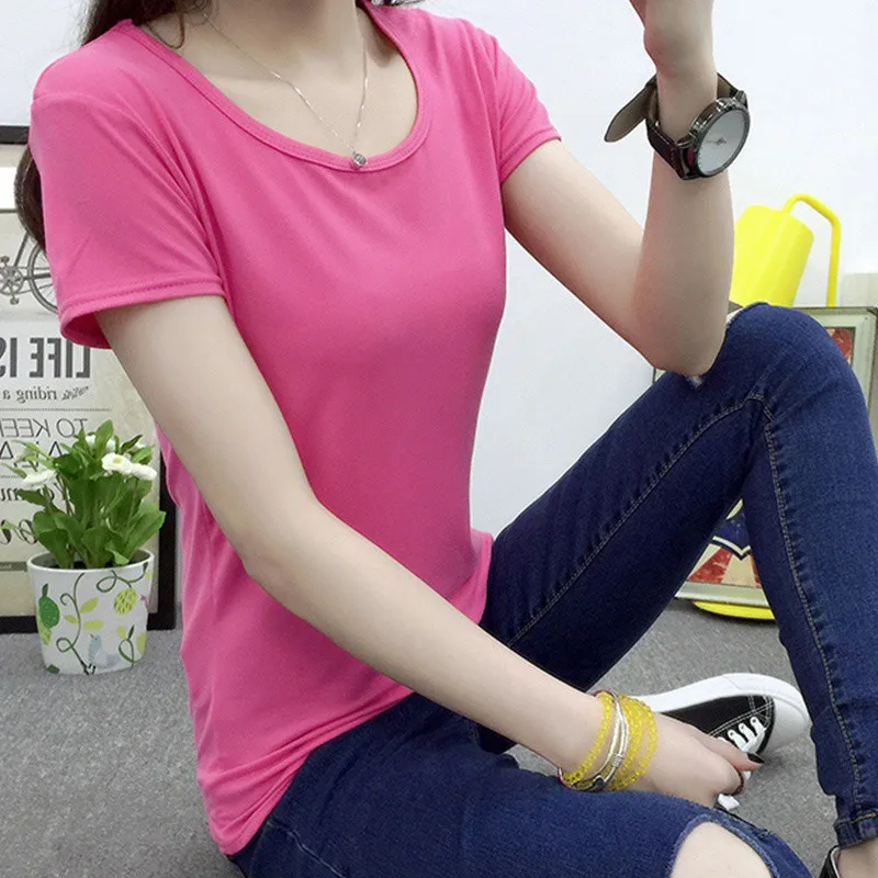 Solid Color Summer Women T shirt Short Sleeve Female T shirt Pocket
