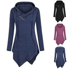 Горячая Распродажа, модные женские Топы с длинным рукавом, одноцветные топы, пуловер с карманом, с неровным подолом, худи, рубашки, Осень-зима, женская футболка