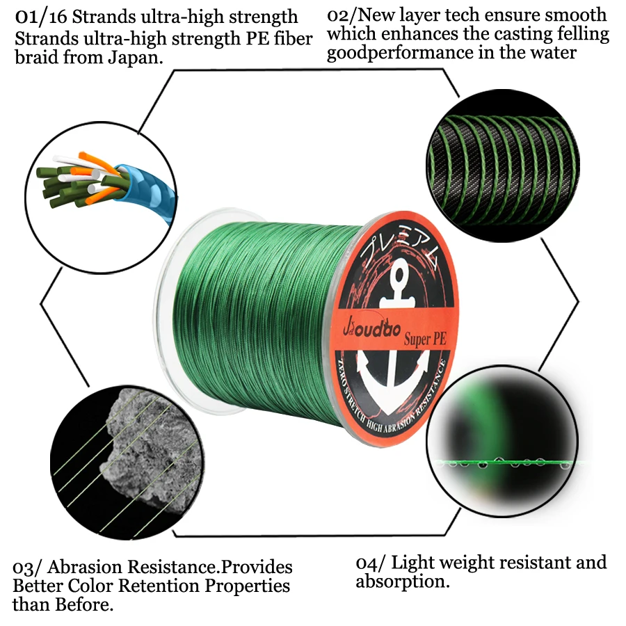 Jioudao Серия 16 нитей 300 м супер сильная плетеная проволока 60-310LB 0,29-1,20 мм многофиламентная PE леска для осетровой рыбалки