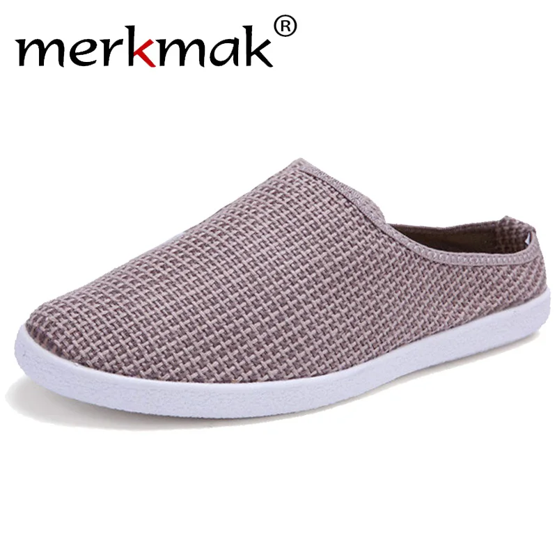 

merkmak Men Slip On Canvas Slippers Summer Half Drag Loafers Breathable Beach Shoes Male Closed Toe Soft Sole Lazy Shoes