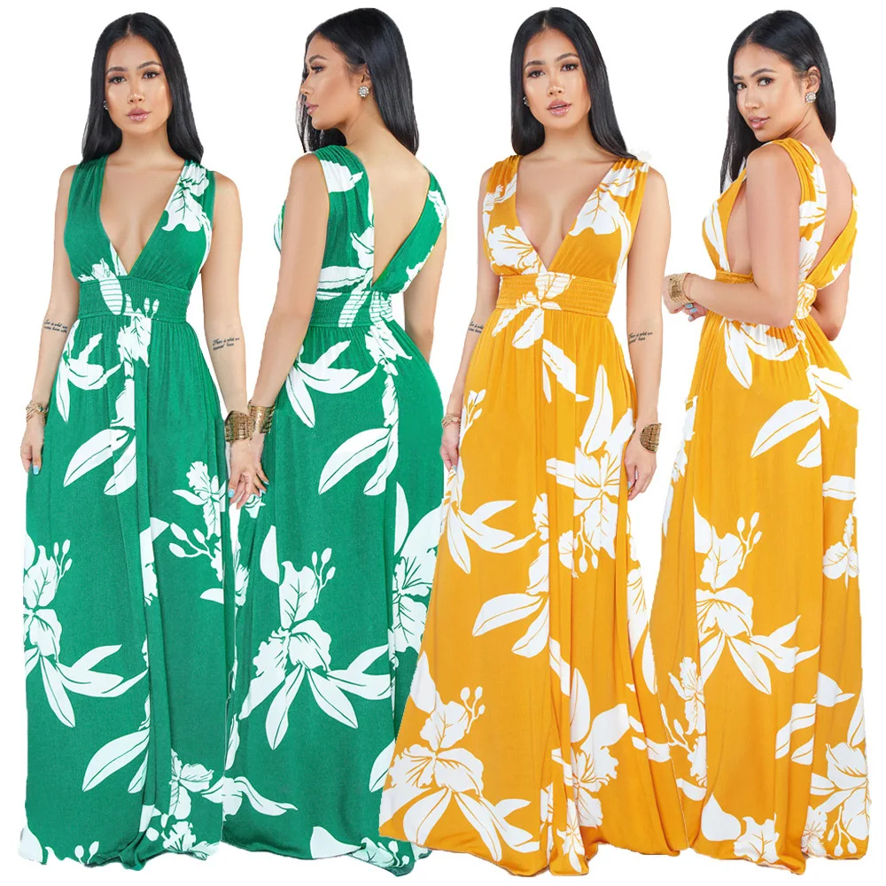 

Summer large size hot new casual women's dress high waist women's dress fashion V-neck women's dress pleated sexy women's dress