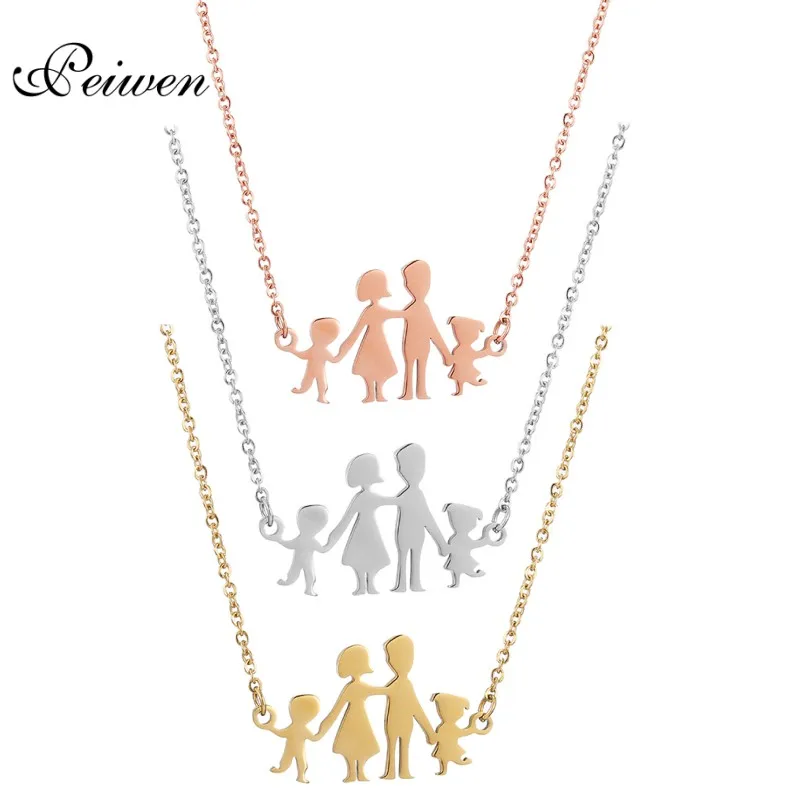 

Family Of Four Figure Pendant Necklace For Women Men Stainless Steel Gold Silver Rose Chain Mom Dad Son Daughter Charm Choker