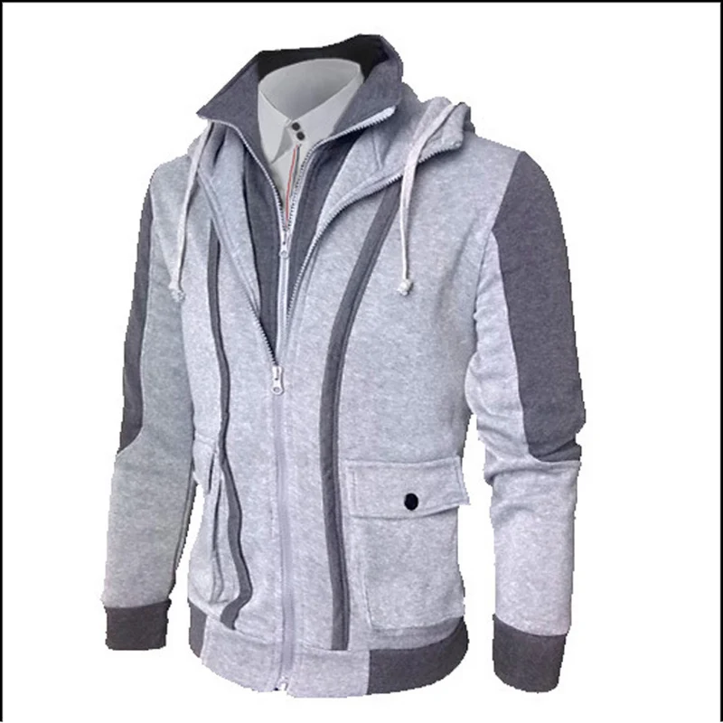 Baratos 2017 gran oferta nueva moda Casual sudaderas con capucha para hombres sudaderas de ajuste delgado para hombres doble cremallera para hombres ropa al aire libre con capucha