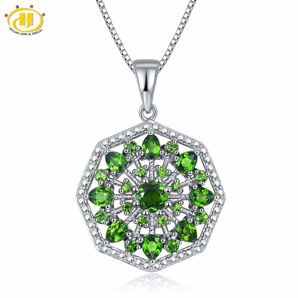 

Hutang Solid 925 Sterling Silver 2.33ct Natural Gemstone Chrome Diopside Flower Pendant Necklace Fine Jewelry For Women