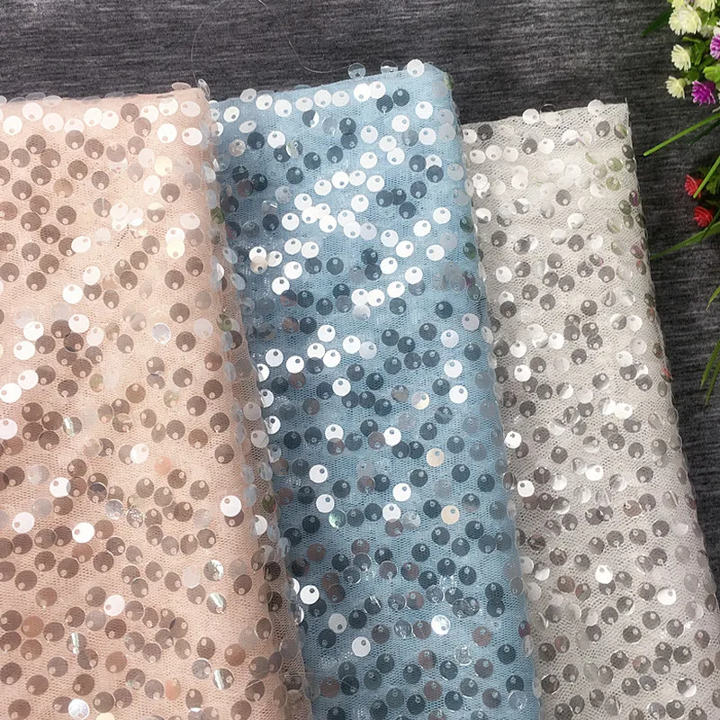 

GLace 1Y/Lot Shiny transparent mesh fabric sequin embroidered fabric for dresses wedding lace decoration TX824