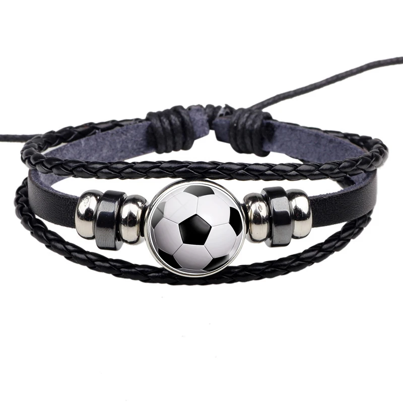 

Soccer Leather Bracelet Football Glass Metal Buckle Punk Jewelry France Russia UK Flag Bracelet Men Women Punk