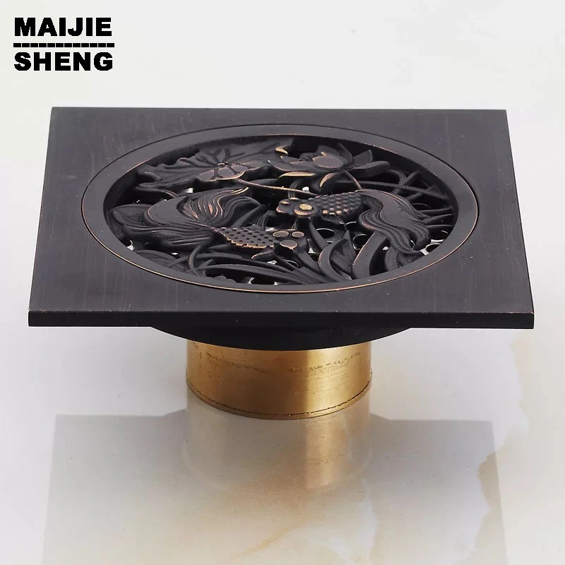 

Shower Floor Drain Trap Waste Grate With Hair Strainer anti smelly drains 10*10cm Vintage Artistic black Brass Bathroom Square