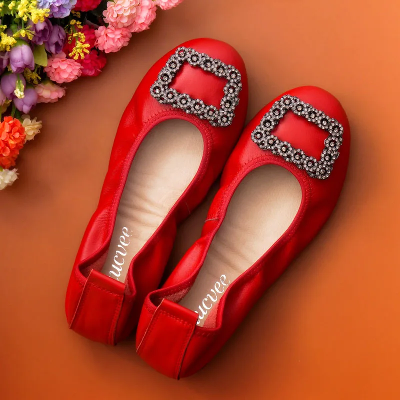 

AUCVEE Fashion Diamond buckle Woman Flats high quality Genuine leather Comfortable pointed toe Rubber Women Flat Shoes Size 43