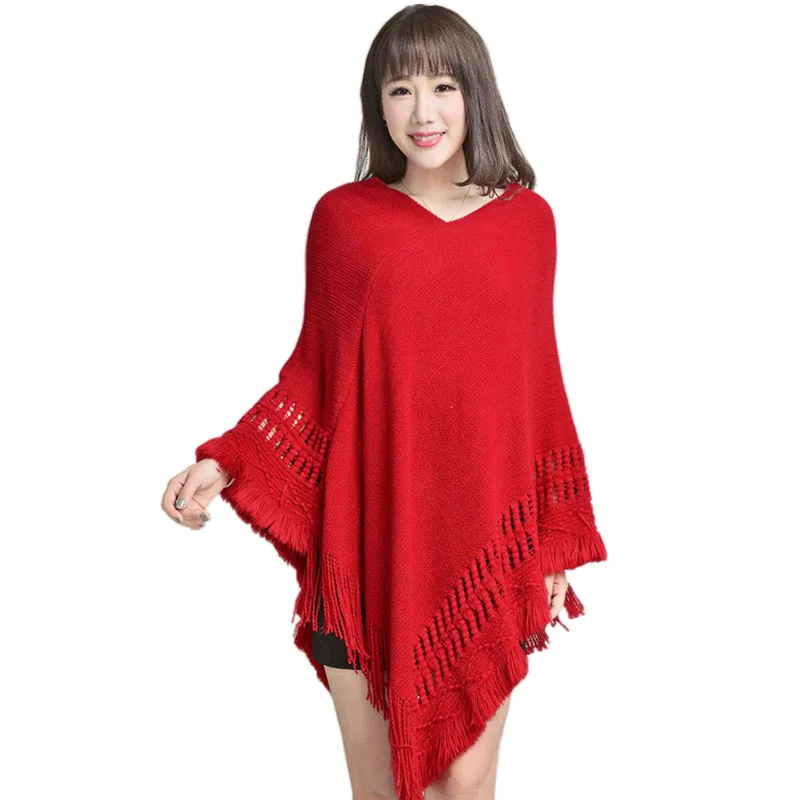 

Women Knitted Shawl Tassel Sweater Oversized Cape Poncho Winter Autumn Loose Sweaters Pullover irregularity Cloak Tops 5 Color