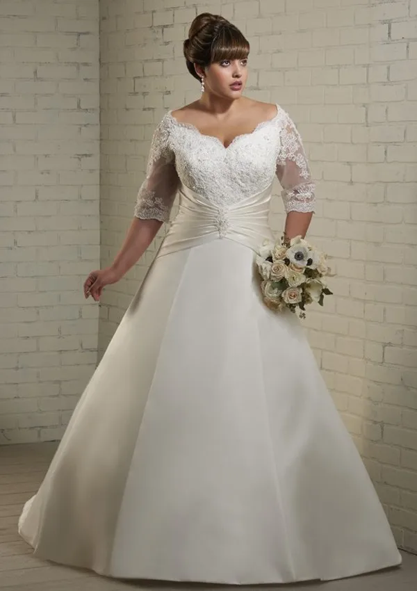 Aliexpress A Line Satin Plus Size Wedding Dresses 2016 Aliexpress A Line Satin Plus Size Wedding Dresses 2016 Half Sleeves V Neck Beaded Lace Liques Full Figure Gowns Ons Back From