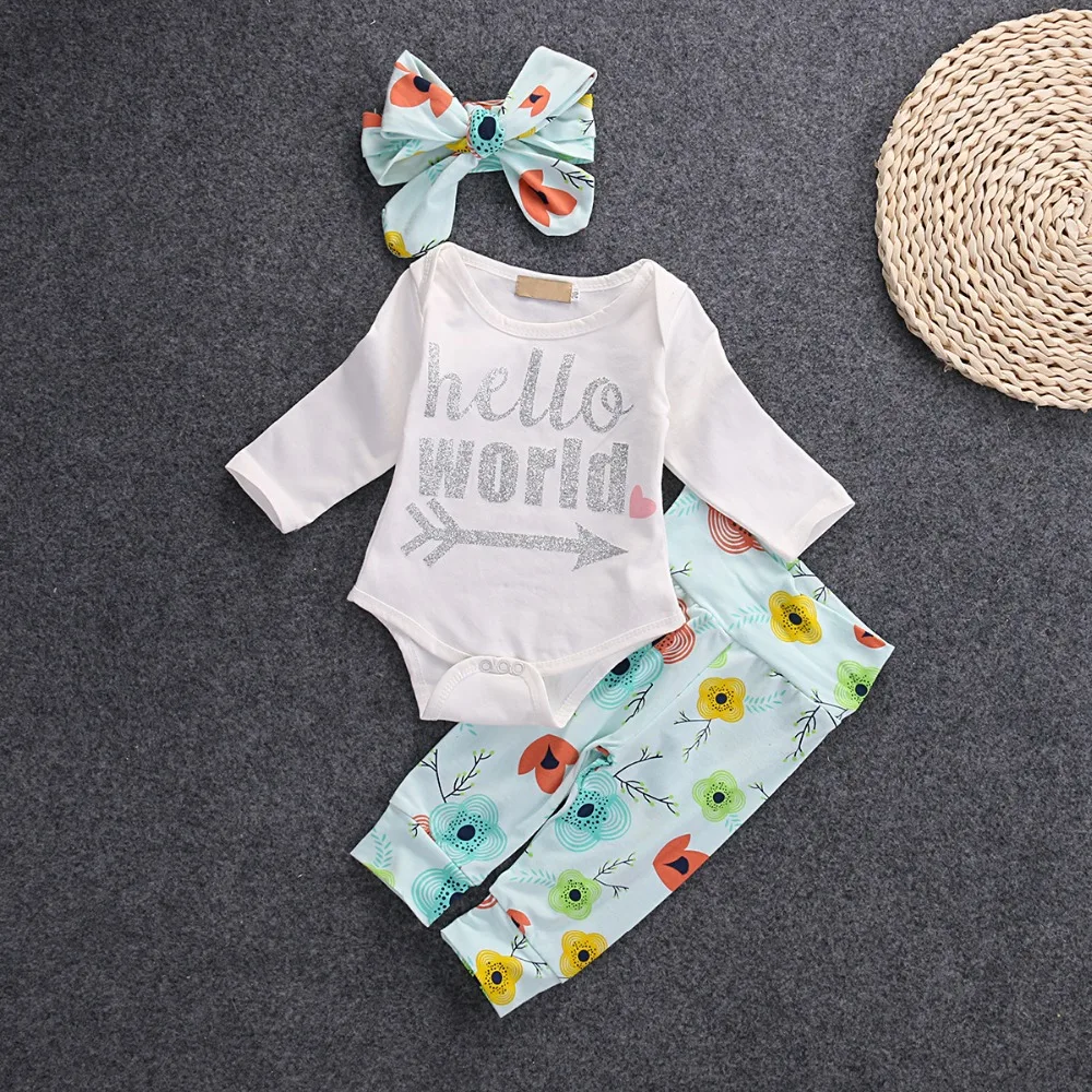 

Fashion princess baby girl clothing set Long sleeve cotton Romper tops+Flower pants+Headband 3pcs infant baby girl clothes set