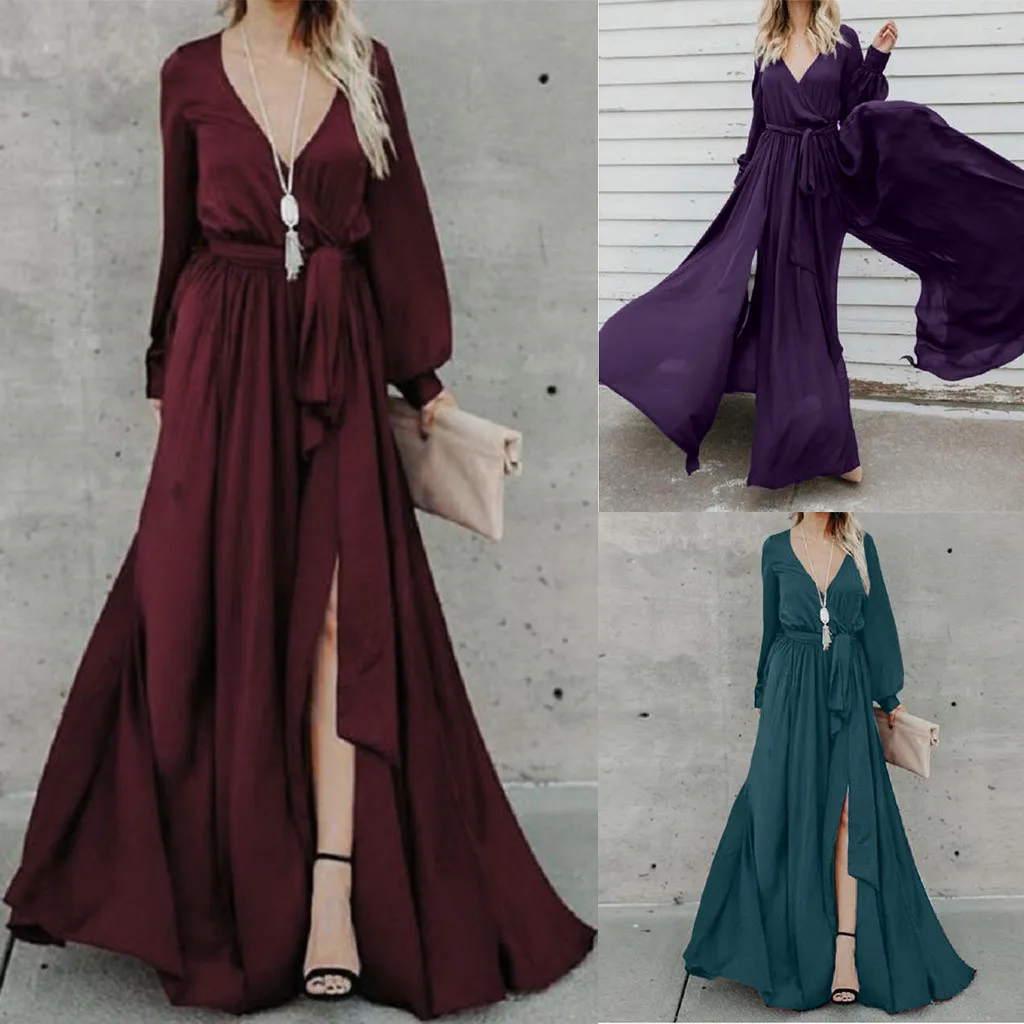 

Women Fashion Solid Chiffon Long Sleeve Deep V Neck Belt Long Rompers Jumpsuit Hot Sale High Quality 2018 New Patterns Modern