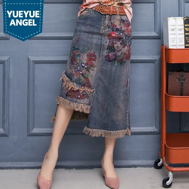 

Vintage Irregular Tassel Stretch Jeans Skirts Womens Autumn Winter Street Vogue Sequined Flower Denim Skirt Split Midi Skirt