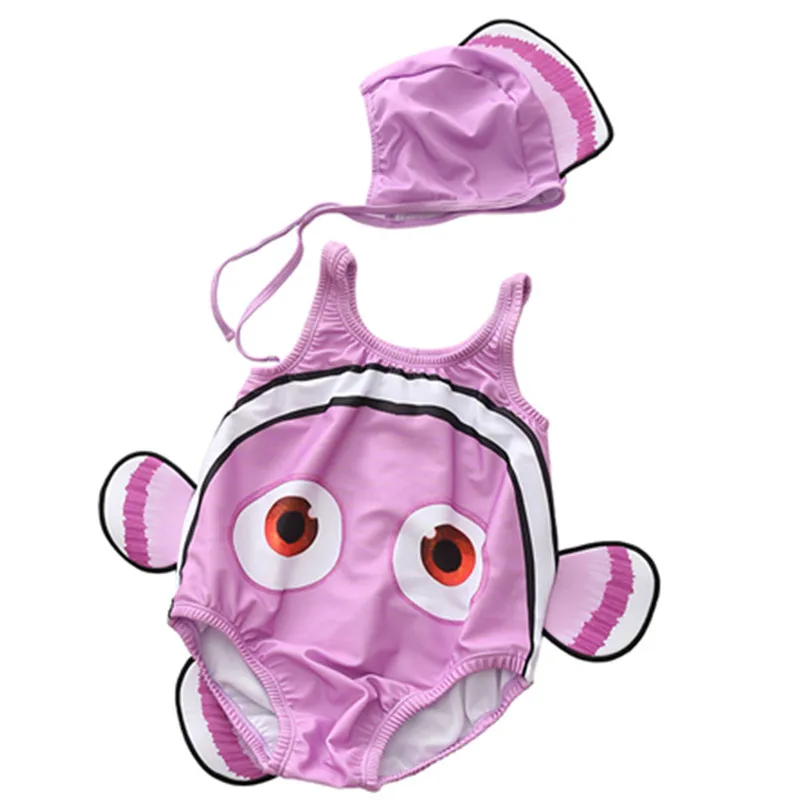 Слитный купальный костюм для малышей, милый купальный костюм с рисунком Немо, купальный костюм с шапочкой для плавания, От 1 до 3 лет, принт с рыбами, детский купальный костюм с объемным животным - Цвет: Purple Nemo