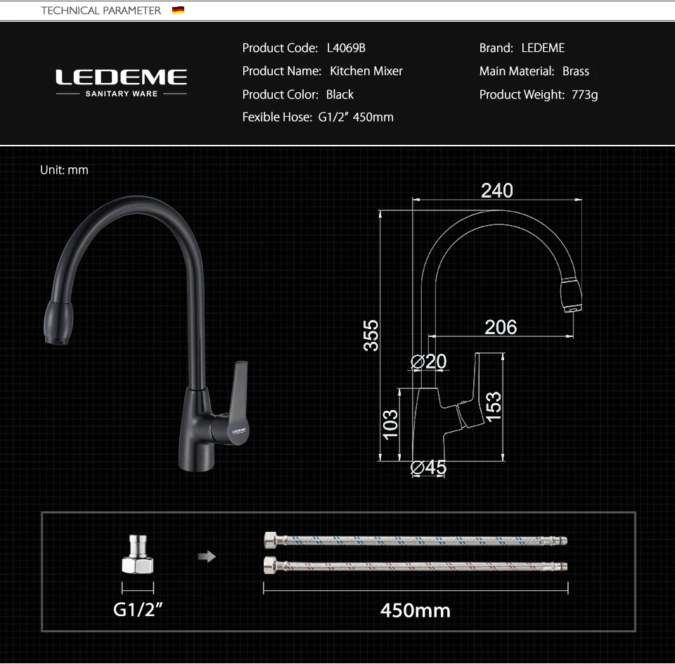 LEDEME кухонный кран горячей и холодной воды латунный черный с одной ручкой кухонные смесители вращающийся смеситель на одно отверстие L4069B