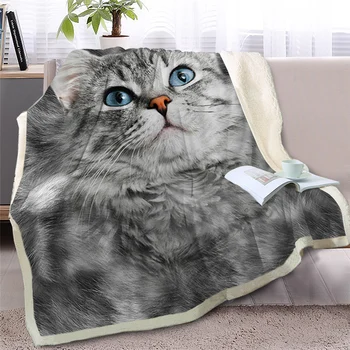 

Gray Cat Throw Blanket on Bed 3D Animal Plush Sherpa Blanket Pet Siamese Bedspreads Fur Print Thin Quilt Drop Ship