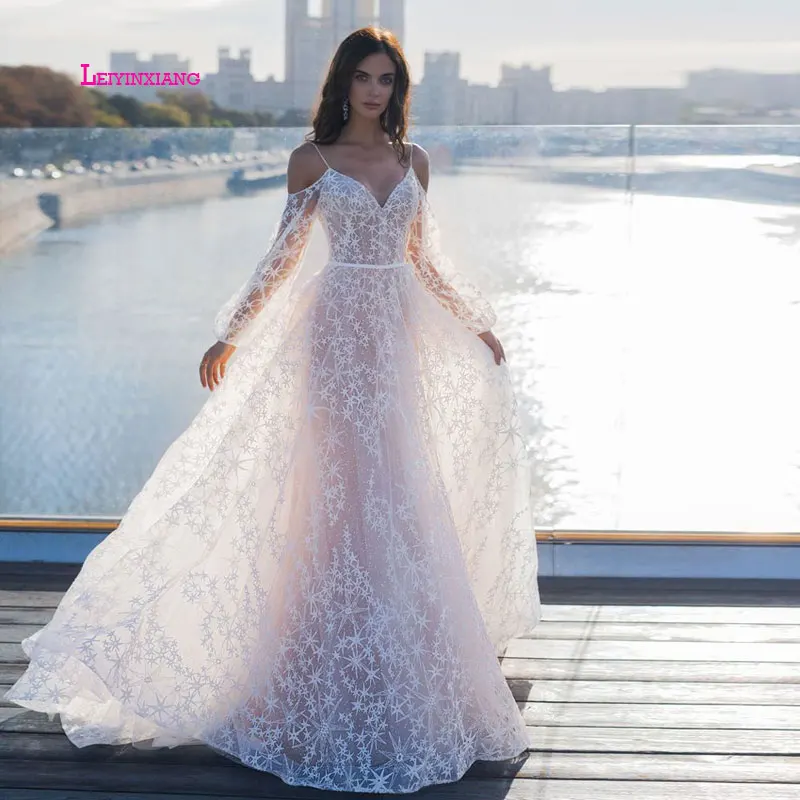 

LEIYINXIANG New Arrival Bride Dress 2019 Wedding Dress Vestido De Noiva Sereia Robe Backless Luxury Sexy A-Line Lace Full V-Neck