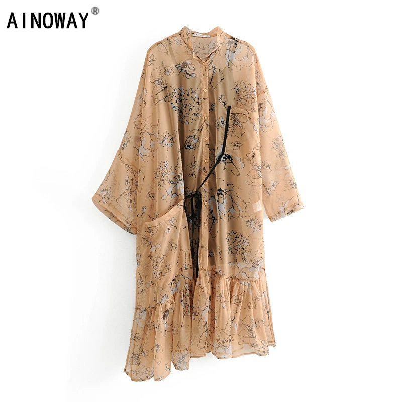 

Vintage Chic women Ink print beach midi chiffon dress Ladies Asymmetrical sleeve lace-up 2 pieces Summer Boho dress vestidos