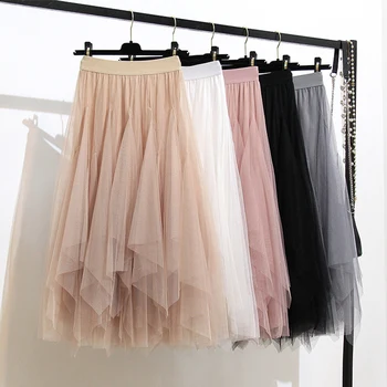 

Fashion Women Long Skirt 2019 Summer Korean Asymmetrical Layers Tulle Skirts Womens Black Pink White Cute Skirt Female