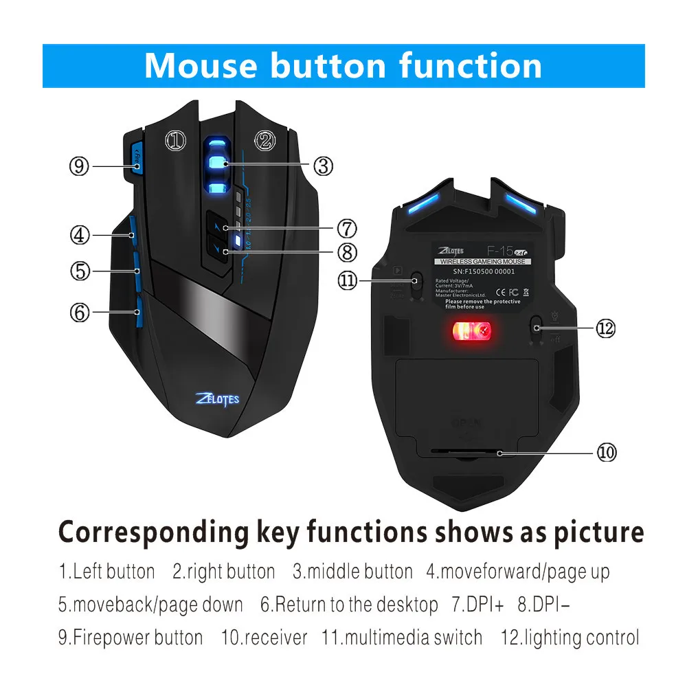Zelotes F-15, Двухрежимная игровая мышь, 2500 dpi, регулируемая Проводная/Беспроводная компьютерная офисная мышь, складная дорожная мышь для ноутбука, бесшумная мышь