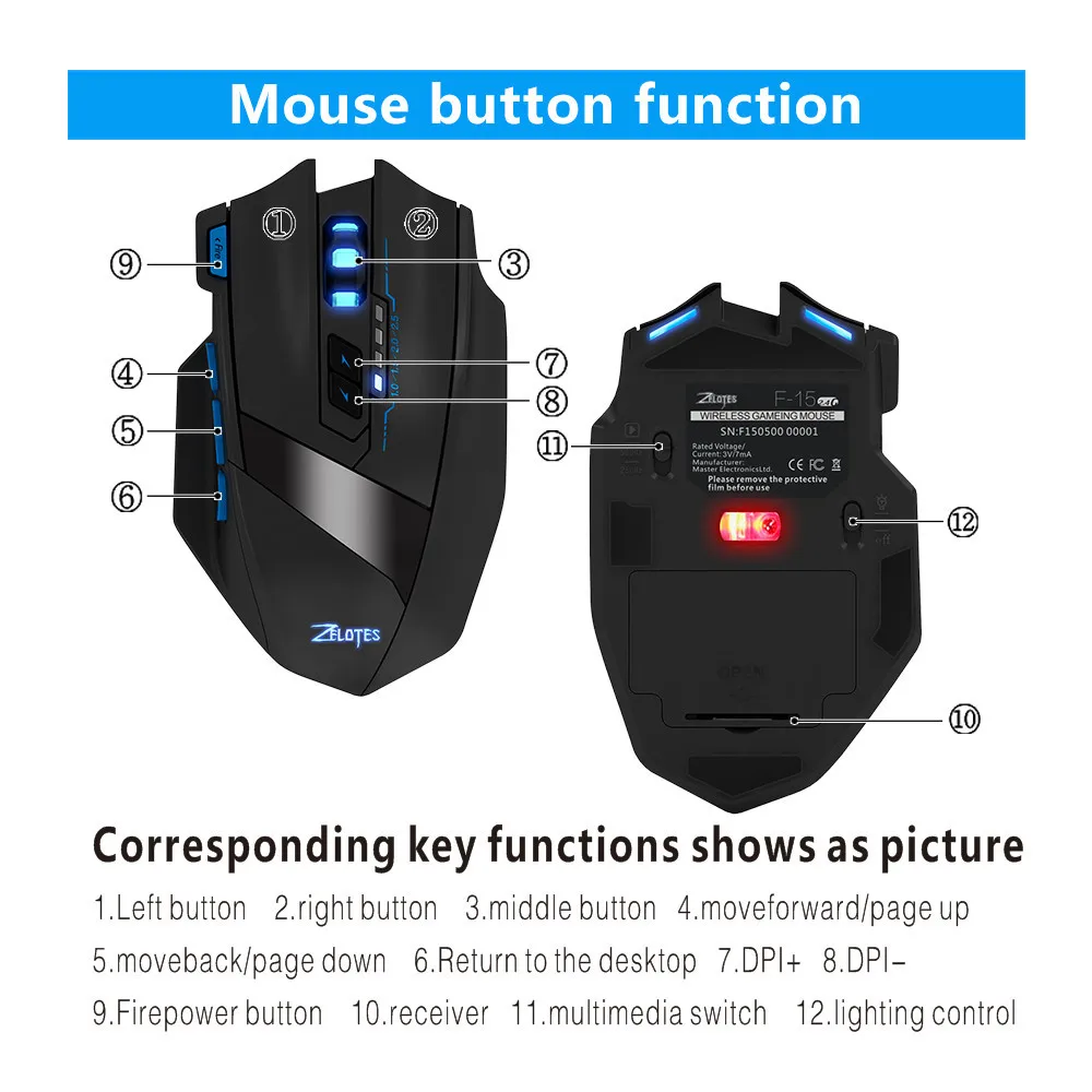 ZELOTES F-15 Gaming Mouse 2.4GHz Optical 2500 DPI Wired Wireless Dual Mode Gamer Mice for PC Laptop (8)