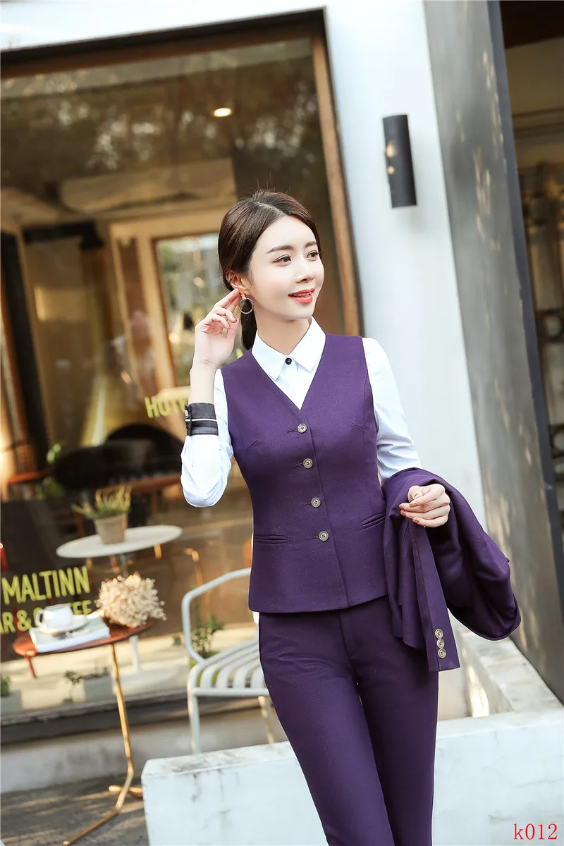 Высокое качество волокна фиолетовый жилет и жилет женские деловые костюмы со штанами и Топ Наборы Дамы офисный униформенный стиль