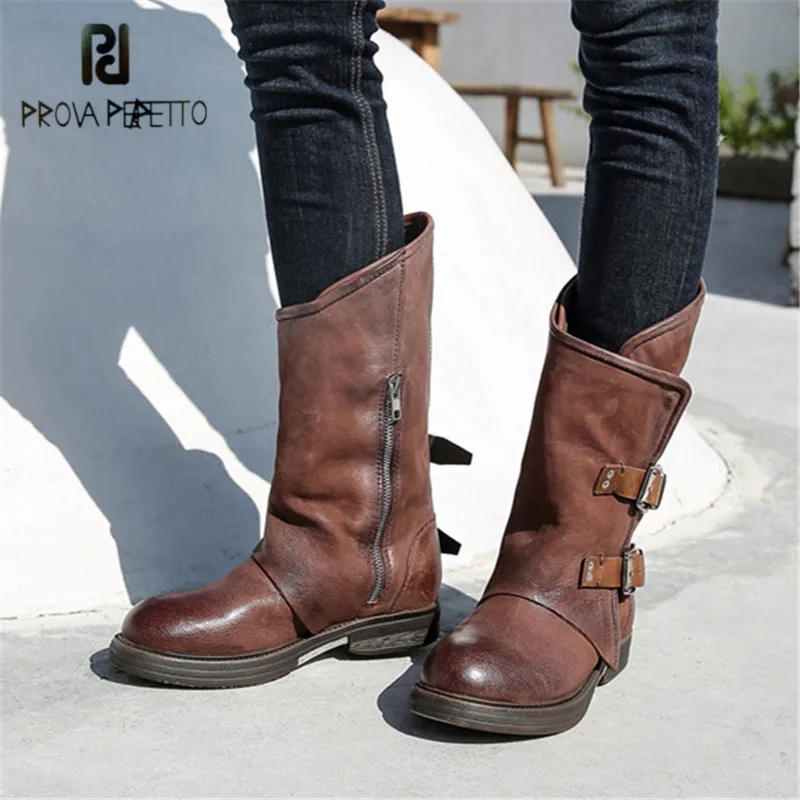 

Prova Perfetto Handmade Women Autumn Winter Platform Rubber Boots Flat Shoes Woman Retro Genuine Leather Belt Buckle Botas Mujer