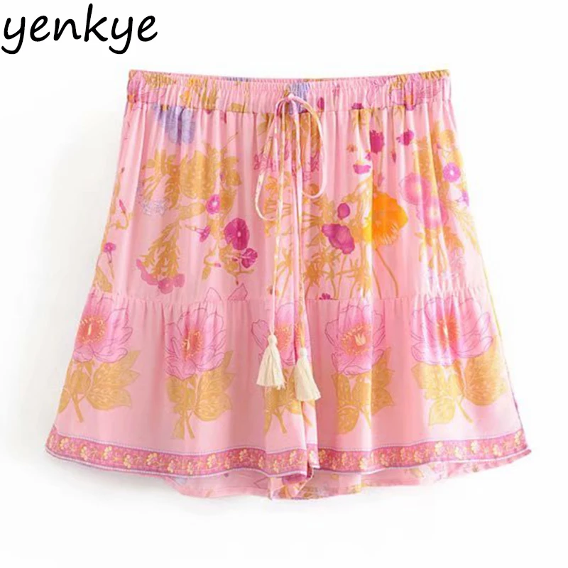 

2019 Floral Print Boho Shorts Women Drawstring Elastic High Waist Casual Summer Short Femme spodenki damskie DJF8391