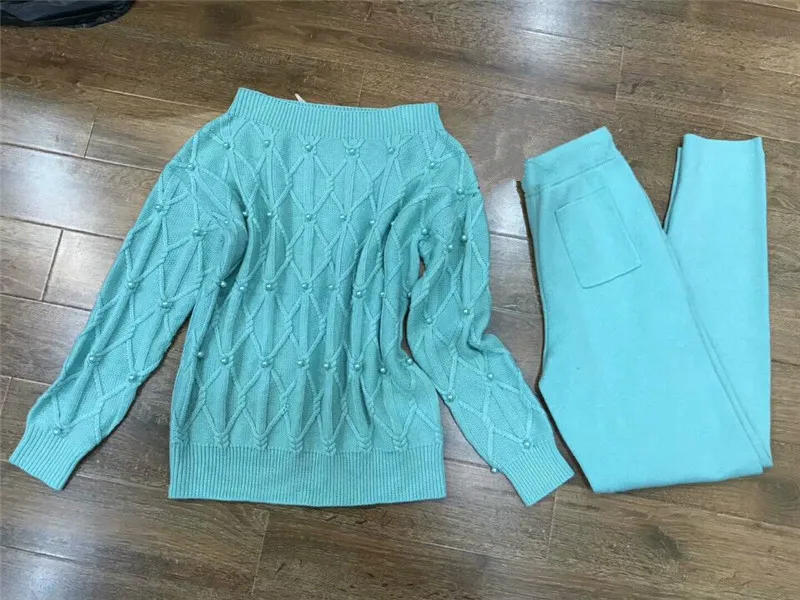 Mot blanc Laine 2018 Épaule Automne pièce beige Chandail 2 D'hiver Femmes Pantalon Et Main pourpre Tricot Suit perlé Vison piece Deux Blue Survêtements Sky rose vp1Pwqxw