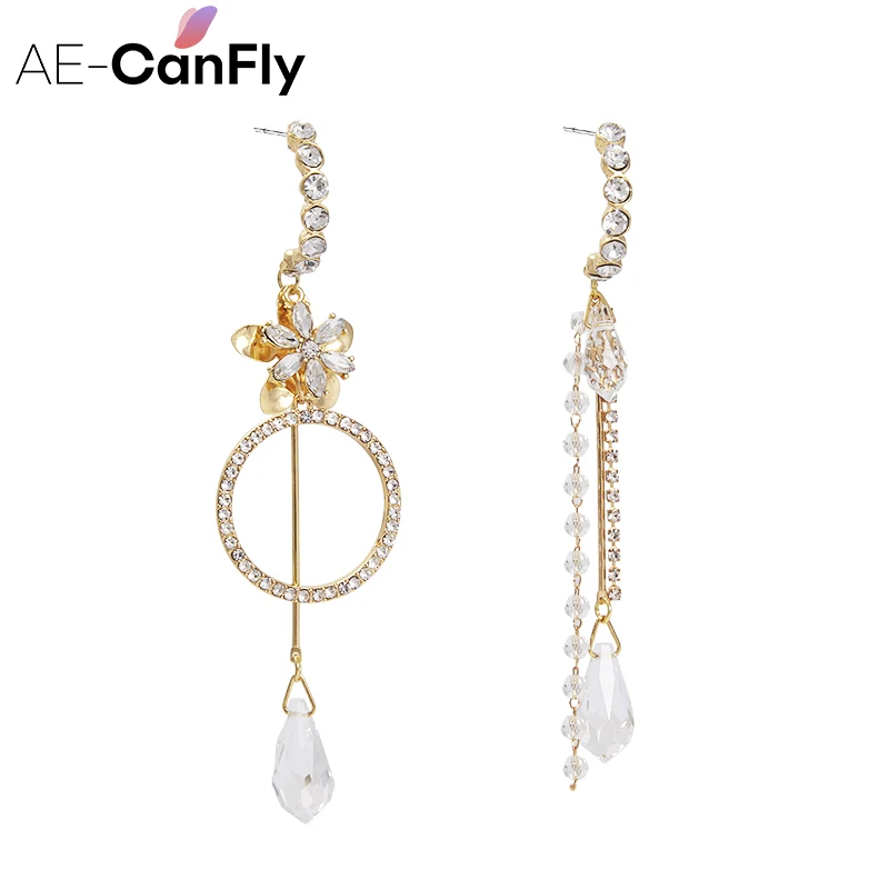 

AE-CANFLY Trendy Round Crystal Asymmetry Drop Earrings Jewelry for Women Long Crystal Chain Tassel Ear Jewelry Accessories
