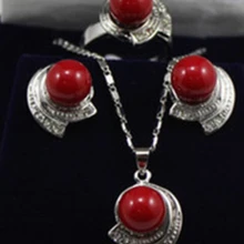Прекрасные комплект серебро красный перлы раковины кулон ожерелье стад серьги кольцо