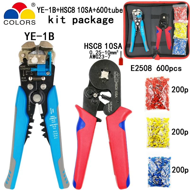 Набор обжимных инструментов HSC8 10 S/6-4/6-6 плоскогубцы синие плоскогубцы для зачистки резки 600 шт. E2508 трубчатый терминал костюм брендовый набор электрических инструментов - Цвет: HSC8 10SA Y1B 600P