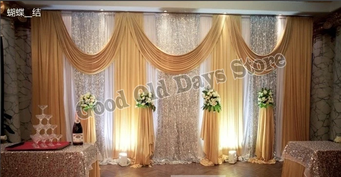 

3M x 6M Wedding Backdrop with gold swags and silver sequin Wedding Stage Decor