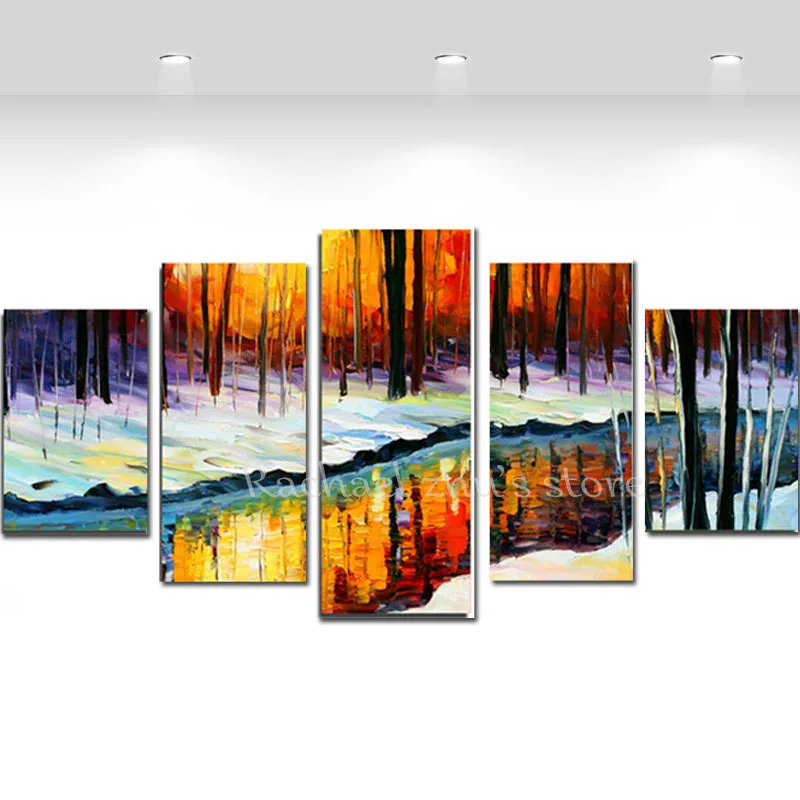Ручная роспись абстрактный снег лес пейзаж 5 Panles картина маслом на холсте ножи стены книги по искусству Picturers для гостиная домашний декор